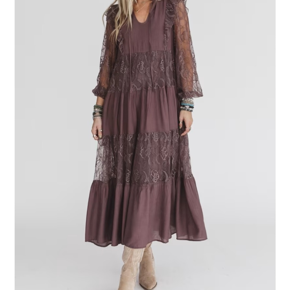 Elegant Lace Overlay Dress in Brown